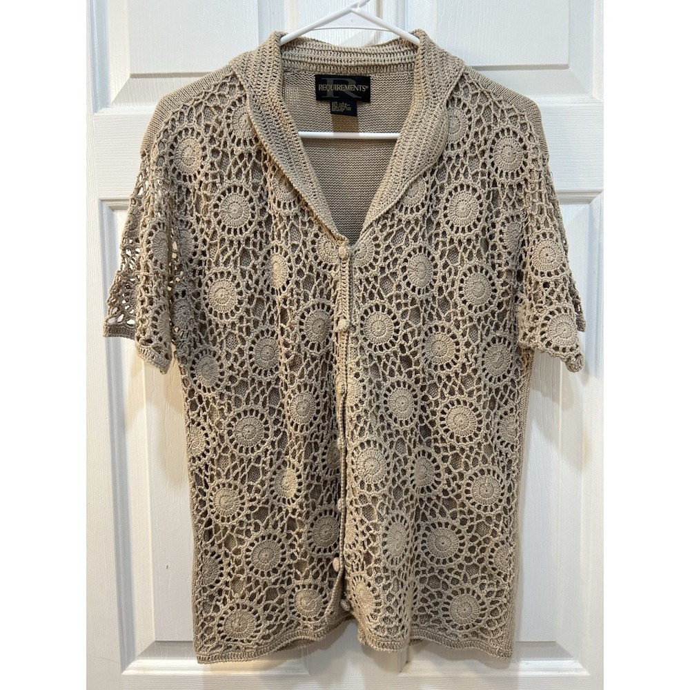 Vtg Ramie Cotton Crochet Button Front Sweater Sz L Short Sleeve Cardigan Boho